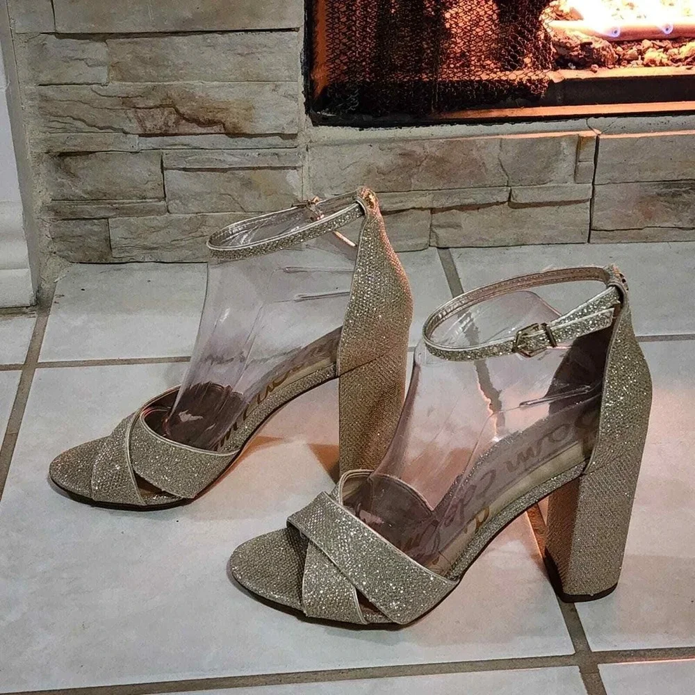 Sam Edelman Women's Gold‎ Glitter Ankle Strap Block Heel Sandals Party Shoes 10 - Picture 11 of 16